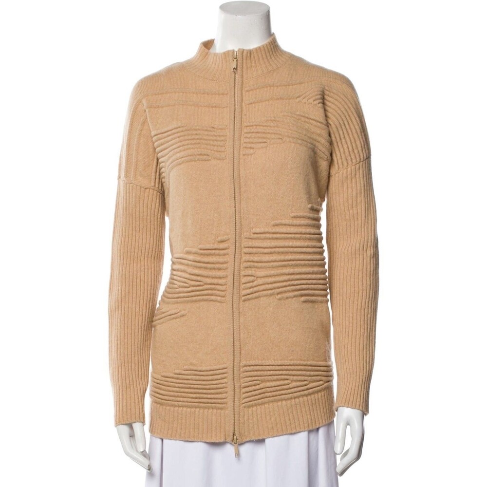 Lafayette 148 New York Pintucked Full-Zip Cardigan Sweater Neutral Wool M/L